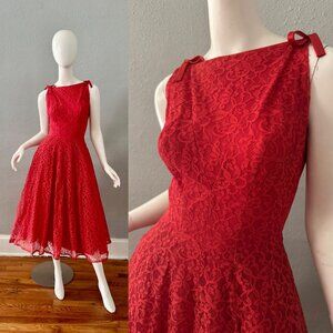 Vintage 50s Red Lace Fit & Flare Tea Party Dress XS